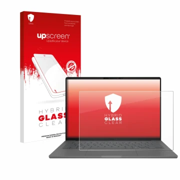 Parte frontal de un envase de producto con el logotipo de la marca upscreen. Al lado se muestra el dispositivo ASUS ZenBook A1