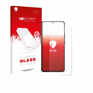 Parte frontal de un envase de producto con el logotipo de la marca upscreen. Al lado se muestra el dispositivo Xiaomi Poco X7 