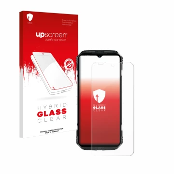 Parte frontal de un envase de producto con el logotipo de la marca upscreen. Al lado se muestra el dispositivo Doogee S118 Pro