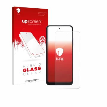 Parte frontal de un envase de producto con el logotipo de la marca upscreen. Al lado se muestra el dispositivo Hotwav Note 13 