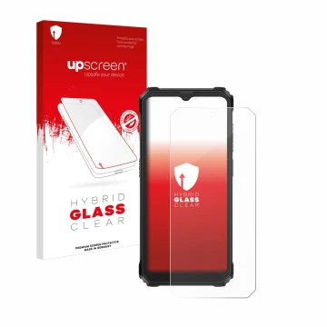 Parte frontal de un envase de producto con el logotipo de la marca upscreen. Al lado se muestra el dispositivo Blackview BV620
