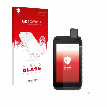 Parte frontal de un envase de producto con el logotipo de la marca upscreen. Al lado se muestra el dispositivo Garmin Montana 