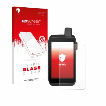 Parte frontal de un envase de producto con el logotipo de la marca upscreen. Al lado se muestra el dispositivo Garmin Montana 