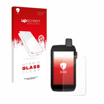 Parte frontal de un envase de producto con el logotipo de la marca upscreen. Al lado se muestra el dispositivo Garmin Montana 