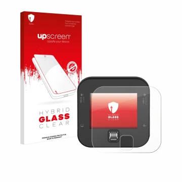 Parte frontal de un envase de producto con el logotipo de la marca upscreen. Al lado se muestra el dispositivo ISDT Q6 Retro c