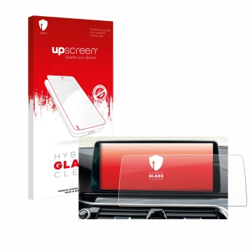 Parte frontal de un envase de producto con el logotipo de la marca upscreen. Al lado se muestra el dispositivo BMW Facelift G3