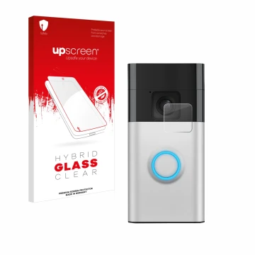 Parte frontal de un envase de producto con el logotipo de la marca upscreen. Al lado se muestra el dispositivo Ring Battery Vi