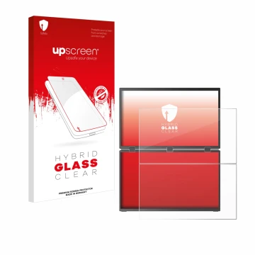 Parte frontal de un envase de producto con el logotipo de la marca upscreen. Al lado se muestra el dispositivo Uperfect UStati
