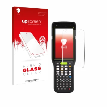 Parte frontal de un envase de producto con el logotipo de la marca upscreen. Al lado se muestra el dispositivo Zebra MC3400 co