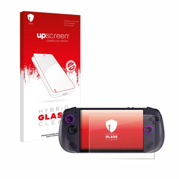 Parte frontal de un envase de producto con el logotipo de la marca upscreen. Al lado se muestra el dispositivo Lenovo Legion G