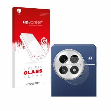 Parte frontal de un envase de producto con el logotipo de la marca upscreen. Al lado se muestra el dispositivo OnePlus 13 (SÓL