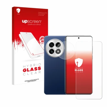 Parte frontal de un envase de producto con el logotipo de la marca upscreen. Al lado se muestra el dispositivo OnePlus 13 (Fro