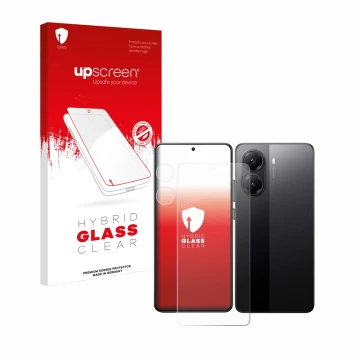Parte frontal de un envase de producto con el logotipo de la marca upscreen. Al lado se muestra el dispositivo Xiaomi Poco X7 