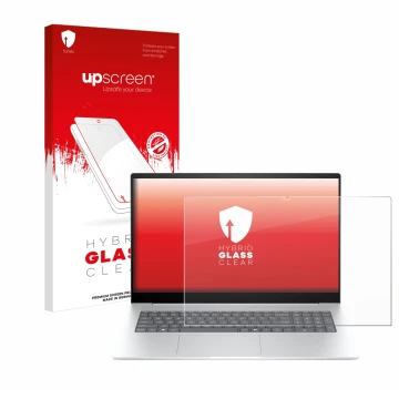 Parte frontal de un envase de producto con el logotipo de la marca upscreen. Al lado se muestra el dispositivo HP Envy 17-da07