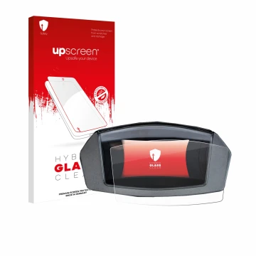 Parte frontal de un envase de producto con el logotipo de la marca upscreen. Al lado se muestra el dispositivo Yamaha NMAX 125