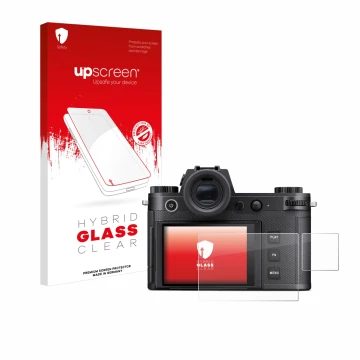 Parte frontal de un envase de producto con el logotipo de la marca upscreen. Al lado se muestra el dispositivo Leica SL3-S (Pa