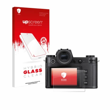 Parte frontal de un envase de producto con el logotipo de la marca upscreen. Al lado se muestra el dispositivo Leica SL3-S con
