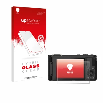 Parte frontal de un envase de producto con el logotipo de la marca upscreen. Al lado se muestra el dispositivo Yashica City 20