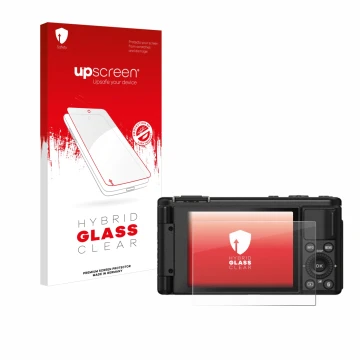 Parte frontal de un envase de producto con el logotipo de la marca upscreen. Al lado se muestra el dispositivo Yashica City 10