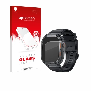 Parte frontal de un envase de producto con el logotipo de la marca upscreen. Al lado se muestra el dispositivo bedee Smartwatc