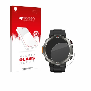 Parte frontal de un envase de producto con el logotipo de la marca upscreen. Al lado se muestra el dispositivo Blackview W50 P