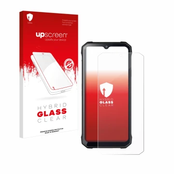 Parte frontal de un envase de producto con el logotipo de la marca upscreen. Al lado se muestra el dispositivo Hotwav T7S con 