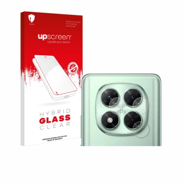 Parte frontal de un envase de producto con el logotipo de la marca upscreen. Al lado se muestra el dispositivo Xiaomi Poco X7 