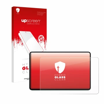 Parte frontal de un envase de producto con el logotipo de la marca upscreen. Al lado se muestra el dispositivo Teclast T60 Plu