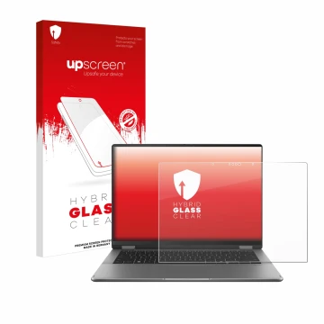 Parte frontal de un envase de producto con el logotipo de la marca upscreen. Al lado se muestra el dispositivo ASUS Vivobook 1