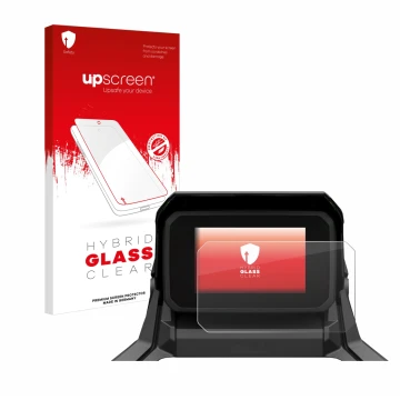 Parte frontal de un envase de producto con el logotipo de la marca upscreen. Al lado se muestra el dispositivo Honda X-ADV 750