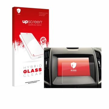 Parte frontal de un envase de producto con el logotipo de la marca upscreen. Al lado se muestra el dispositivo Ford Galaxy Inf