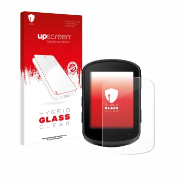 Parte frontal de un envase de producto con el logotipo de la marca upscreen. Al lado se muestra el dispositivo Garmin Edge 540