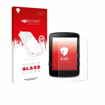 Parte frontal de un envase de producto con el logotipo de la marca upscreen. Al lado se muestra el dispositivo Bryton Rider 17