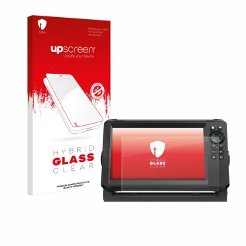 Parte frontal de un envase de producto con el logotipo de la marca upscreen. Al lado se muestra el dispositivo Lowrance Eagle 