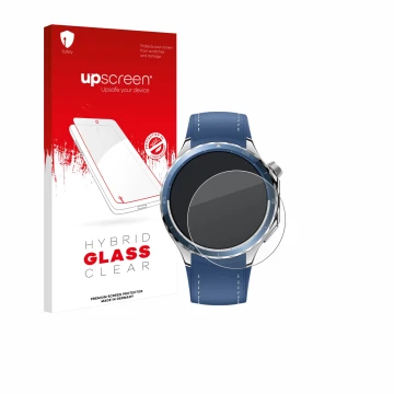 Parte frontal de un envase de producto con el logotipo de la marca upscreen. Al lado se muestra el dispositivo Oppo Watch X2 c