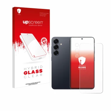 Parte frontal de un envase de producto con el logotipo de la marca upscreen. Al lado se muestra el dispositivo Samsung Galaxy 