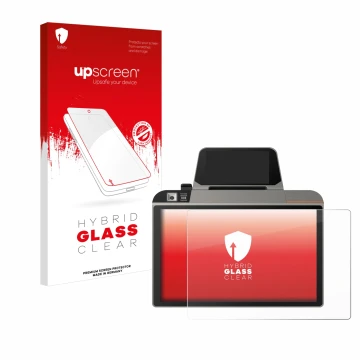 Parte frontal de un envase de producto con el logotipo de la marca upscreen. Al lado se muestra el dispositivo Sunmi D3 Mini c