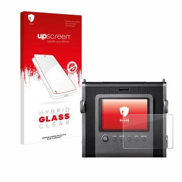 Parte frontal de un envase de producto con el logotipo de la marca upscreen. Al lado se muestra el dispositivo Fujifilm Instax