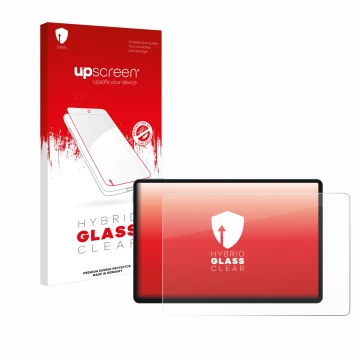 Parte frontal de un envase de producto con el logotipo de la marca upscreen. Al lado se muestra el dispositivo Teclast P50 AI 