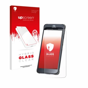 Parte frontal de un envase de producto con el logotipo de la marca upscreen. Al lado se muestra el dispositivo Orderman 10 con