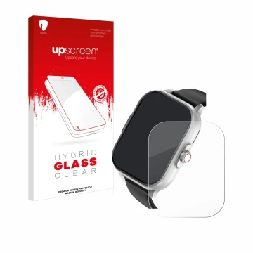 Parte frontal de un envase de producto con el logotipo de la marca upscreen. Al lado se muestra el dispositivo YYKY E02 2.01