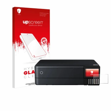 Parte frontal de un envase de producto con el logotipo de la marca upscreen. Al lado se muestra el dispositivo Epson EcoTank E