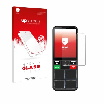 Parte frontal de un envase de producto con el logotipo de la marca upscreen. Al lado se muestra el dispositivo Geemarc CL8000 