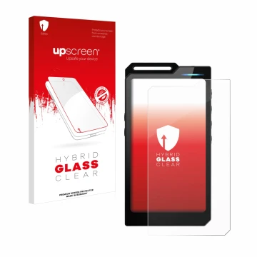 Parte frontal de un envase de producto con el logotipo de la marca upscreen. Al lado se muestra el dispositivo Hiby R4 con su 