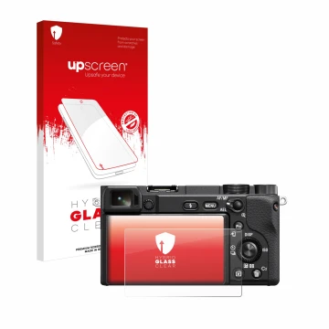 Parte frontal de un envase de producto con el logotipo de la marca upscreen. Al lado se muestra el dispositivo Sony Alpha 6100