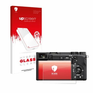 Parte frontal de un envase de producto con el logotipo de la marca upscreen. Al lado se muestra el dispositivo Sony Alpha 6400