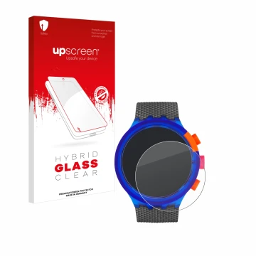 Parte frontal de un envase de producto con el logotipo de la marca upscreen. Al lado se muestra el dispositivo Swatch Neon Par