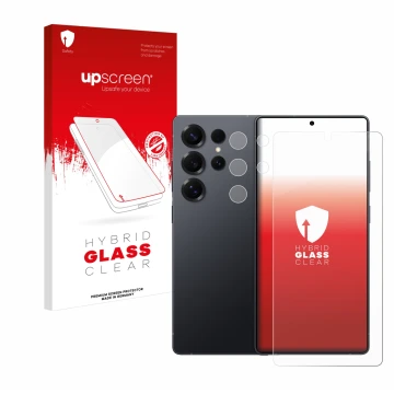 Parte frontal de un envase de producto con el logotipo de la marca upscreen. Al lado se muestra el dispositivo Samsung Galaxy 