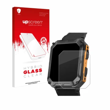 Parte frontal de un envase de producto con el logotipo de la marca upscreen. Al lado se muestra el dispositivo Stahlgear Thor 