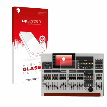 Parte frontal de un envase de producto con el logotipo de la marca upscreen. Al lado se muestra el dispositivo Behringer Wing 